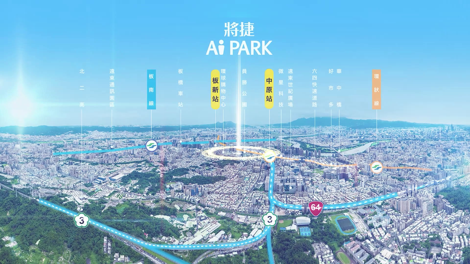 將捷Ai PARK商辦建案廣告畫面:AI生成的交通動線與周邊機能視覺化